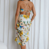 Sunday Bliss Tie-Up Back Cowl Neck Midi Dress Floral Yellow