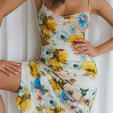 Sunday Bliss Tie-Up Back Cowl Neck Midi Dress Floral Yellow