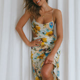 Sunday Bliss Tie-Up Back Cowl Neck Midi Dress Floral Yellow