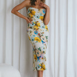 Sunday Bliss Tie-Up Back Cowl Neck Midi Dress Floral Yellow