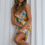 Sunday Bliss Tie-Up Back Cowl Neck Midi Dress Floral Yellow