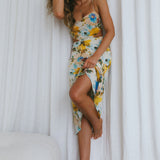 Sunday Bliss Tie-Up Back Cowl Neck Midi Dress Floral Yellow