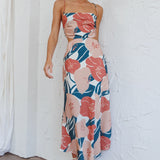 Sunday Bliss Tie-Up Back Cowl Neck Midi Dress Flower Red