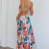 Sunday Bliss Tie-Up Back Cowl Neck Midi Dress Flower Red