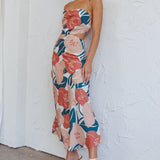 Sunday Bliss Tie-Up Back Cowl Neck Midi Dress Flower Red