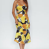 Sunday Bliss Tie-Up Back Cowl Neck Midi Dress Flower Yellow