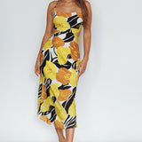Sunday Bliss Tie-Up Back Cowl Neck Midi Dress Flower Yellow