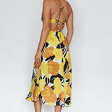 Sunday Bliss Tie-Up Back Cowl Neck Midi Dress Flower Yellow