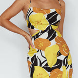 Sunday Bliss Tie-Up Back Cowl Neck Midi Dress Flower Yellow