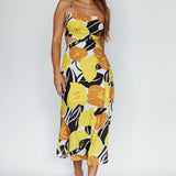 Sunday Bliss Tie-Up Back Cowl Neck Midi Dress Flower Yellow