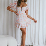Cross My Heart V-Bust Frill Mini Dress Floral Orange