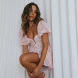 Cross My Heart V-Bust Frill Mini Dress Floral Orange