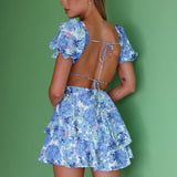 Orianthi Cut-Out Waist Mini Dress Floral Blue