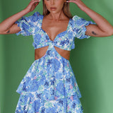 Orianthi Cut-Out Waist Mini Dress Floral Blue