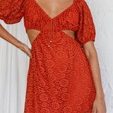 Feelin' Good Cut-Out Waist Lace Dress Rust