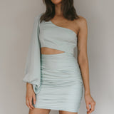 Follow Your Heart One-Shoulder Mini Dress Sage