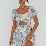 Whimsical Cut-out Bodice Romper Floral Blue