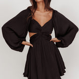 Miraya Balloon Sleeve Twist Mini Dress Black
