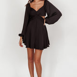 Miraya Balloon Sleeve Twist Mini Dress Black