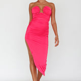 Roma U-Neckline Ruched Midi Dress Hot Pink