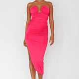 Roma U-Neckline Ruched Midi Dress Hot Pink