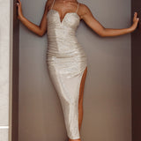 Dancing In September Thigh Split Sequin Dress Silver