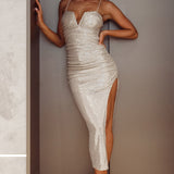 Dancing In September Thigh Split Sequin Dress Silver