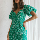Iseo Puff Sleeve Mini Dress Print Green