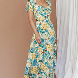 Montebello Puff Sleeve Maxi Dress Floral Blue/Yellow