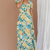 Montebello Puff Sleeve Maxi Dress Floral Blue/Yellow