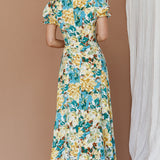 Montebello Puff Sleeve Maxi Dress Floral Blue/Yellow