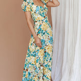 Montebello Puff Sleeve Maxi Dress Floral Blue/Yellow