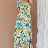 Montebello Puff Sleeve Maxi Dress Floral Blue/Yellow