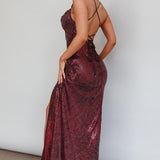 State Of Mind Lace-Up Back Sequin Dress Red