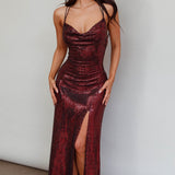 State Of Mind Lace-Up Back Sequin Dress Red