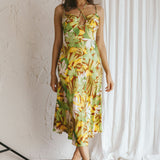 Emmalie Satin Midi Dress Floral Green