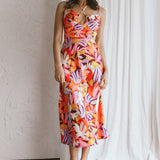 Emmalie Satin Midi Dress Floral Orange