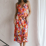 Emmalie Satin Midi Dress Floral Orange