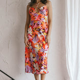 Emmalie Satin Midi Dress Floral Orange