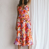 Emmalie Satin Midi Dress Floral Orange