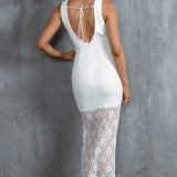 Piece Of Me Plunging Neckline Lace Dress White