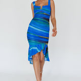 Nadia Ruched Fishtail Midi Dress Print Blue
