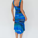Nadia Ruched Fishtail Midi Dress Print Blue