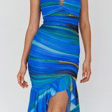 Nadia Ruched Fishtail Midi Dress Print Blue