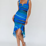Nadia Ruched Fishtail Midi Dress Print Blue
