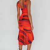 Nadia Ruched Fishtail Midi Dress Print Orange
