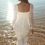 Nadia Long Sleeve Fishtail Midi Dress White