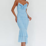 Nadia Ruffle Neckline Ruched Midi Dress Blue