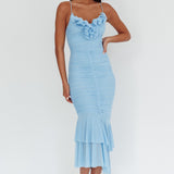 Nadia Ruffle Neckline Ruched Midi Dress Blue