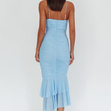 Nadia Ruffle Neckline Ruched Midi Dress Blue